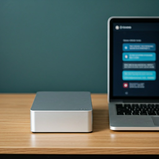 Professional desk with a laptop showing a private AI interface — no cloud logos, no external connections